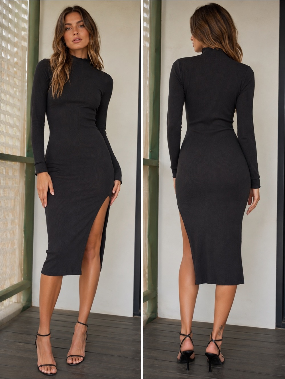 Women’s Black Long Sleeve Ribbed Midi Dress with Thigh Slit